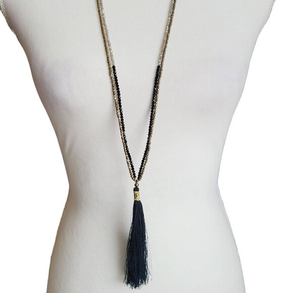 Nakamol Dainty Beaded Double Strand Necklace Black Tassel Faceted Glass Beads - Picture 1 of 10